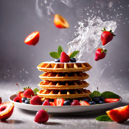Stack of belgian waffles with fresh berries and hot steam.の素材