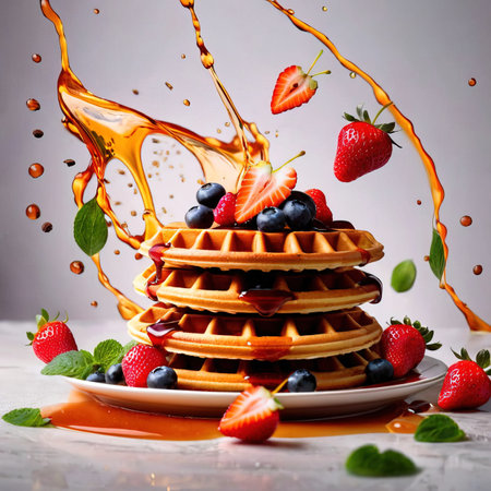 Belgian waffles with fresh berries and maple syrup on gray backgroundの素材
