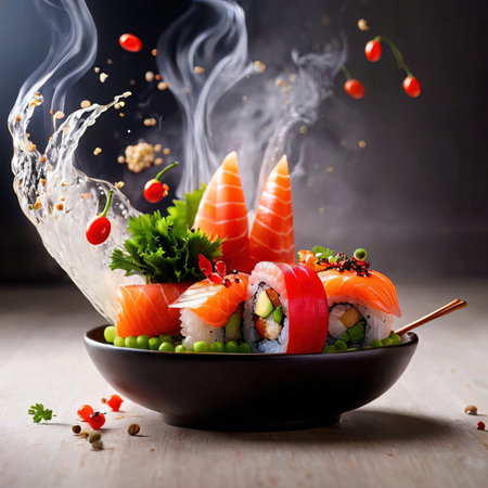 Sushi rolls with flying fish, vegetables and sauce on wooden tableの素材