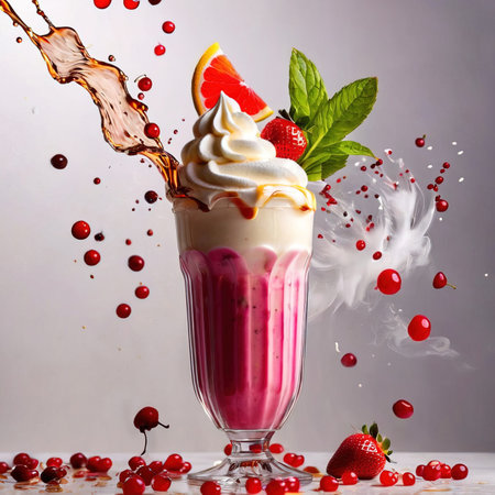 Strawberry milkshake with whipped cream, red currant and mint leavesの素材