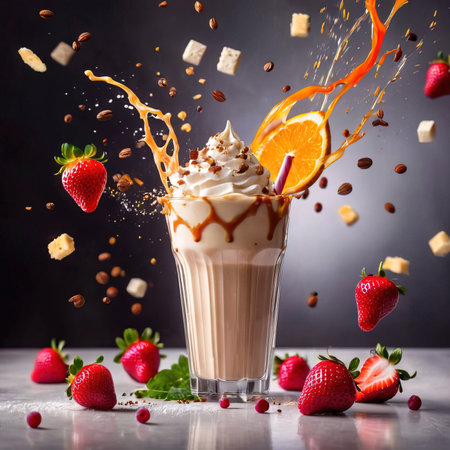 Milkshake with whipped cream, strawberries and chocolate on a dark backgroundの素材