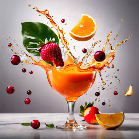 Fruit cocktail with splashes of juice and fruits on gray backgroundの素材