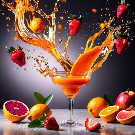 Fruit splashing into a cocktail glass with orange juice and fresh fruitsの素材