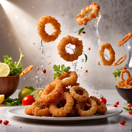 Falling calamari rings, deep fried calamari rings with garlic and red pepperの素材