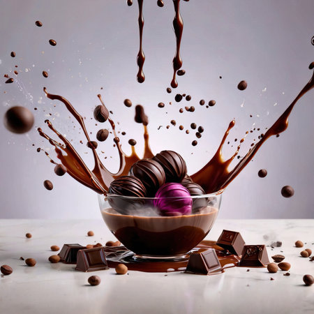Chocolate candies falling into a glass bowl with splashes of chocolate on a white backgroundの素材