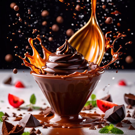 Chocolate splashing with spoon and chocolate pieces on white background.の素材