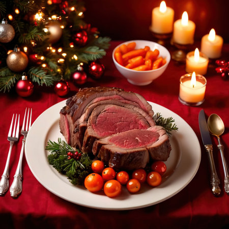 Christmas roast beef with tangerines and candles on a red backgroundの素材