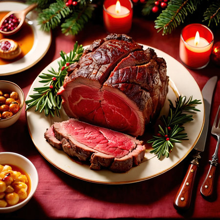 Sliced roast beef with chickpeas and christmas decorationの素材