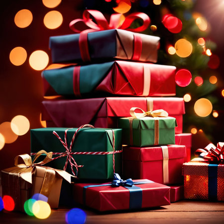 Gift boxes and christmas tree on bokeh background.の素材