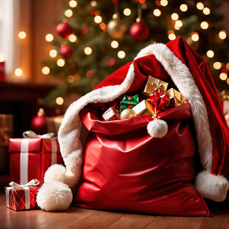 Santa Claus bag full of gifts on the background of the Christmas treeの素材