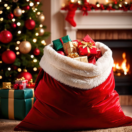 Santa Claus bag full of gifts in front of christmas tree.の素材