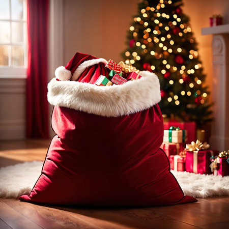 Santa Claus bag full of gifts at home near christmas tree.の素材