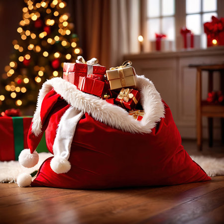Santa Claus bag full of gifts on the floor in the living roomの素材