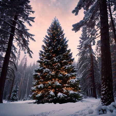 Christmas tree in the winter forest. Beautiful winter landscape with fir treesの素材