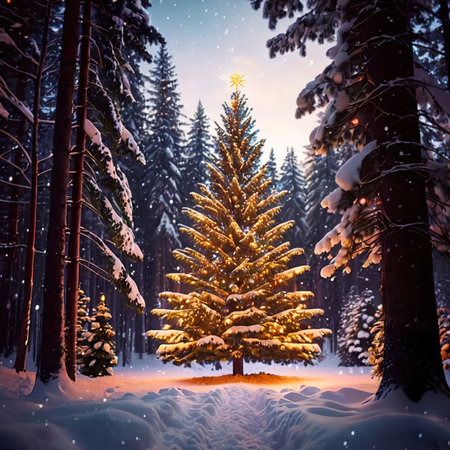 Fir tree in winter forest at sunset. Christmas and New Year background.の素材