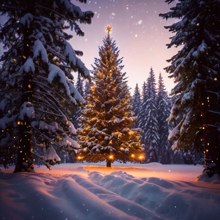 Fantastic winter landscape with snowy fir trees and glowing lights.の素材