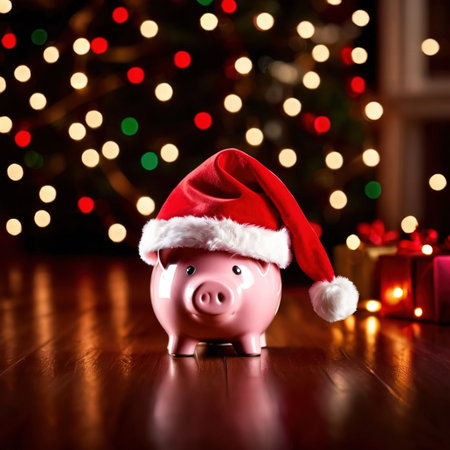 Piggy bank with Santa Claus hat on wooden floor in front of Christmas treeの素材
