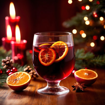 Christmas mulled wine with spices and oranges on a wooden table.の素材