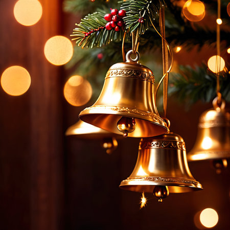 Christmas bells hanging on a christmas tree with bokeh backgroundの素材
