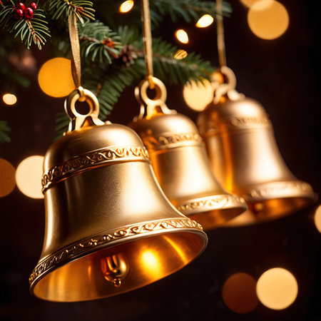 Christmas bells hanging on fir tree branch with bokeh lights backgroundの素材