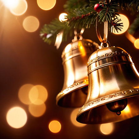 Christmas background with golden bells and fir branch on bokeh backgroundの素材