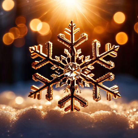 Snowflake on snow with bokeh background. Christmas background.の素材