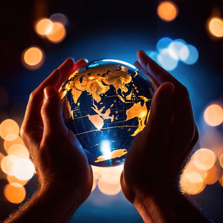 Close up of human hands holding Earth globe. Global business concept.の素材