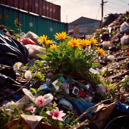 Flowers in a pile of trash at a recycling plant. Recycling concept.の素材
