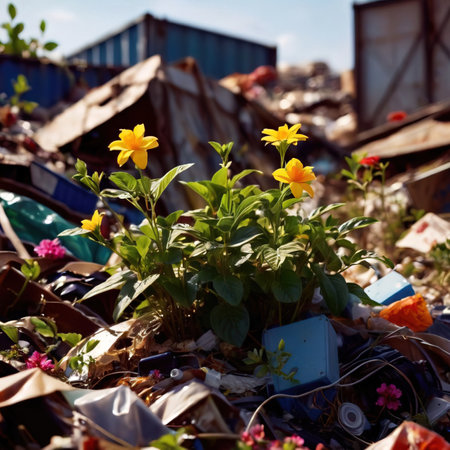 Garbage dump with yellow flowers and trash in city. Pollution conceptの素材