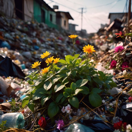 Flowers in a garbage dump. Concept of environmental pollution and ecology.の素材