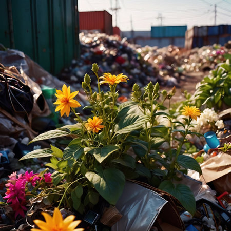 Flowers in a garbage dump. The concept of environmental pollution.の素材