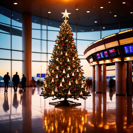 Christmas tree in airport terminal. Christmas holiday concept. 3D Renderingの素材
