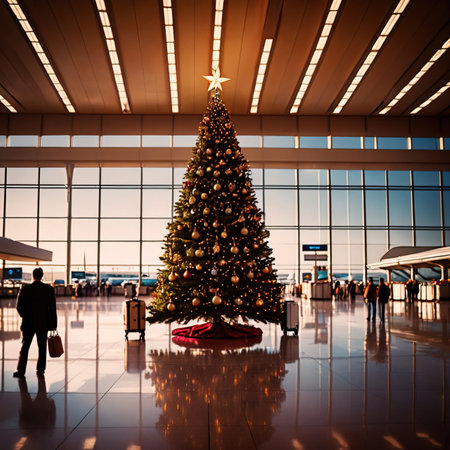 Christmas tree in the airport. Christmas and New Year holidays concept.の素材