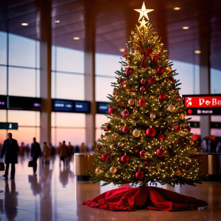 Christmas tree in the airport. Christmas and New Year holidays concept.の素材