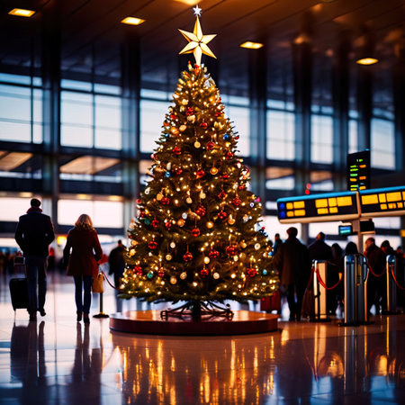 Christmas tree in the airport terminal. Christmas and New Year concept.の素材
