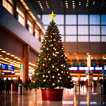 Christmas tree in the airport terminal. Christmas and New Year concept.の素材