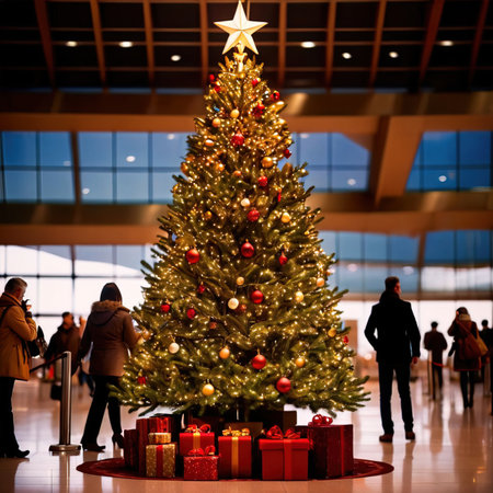 Christmas tree in the airport terminal with people in the background, tonedの素材