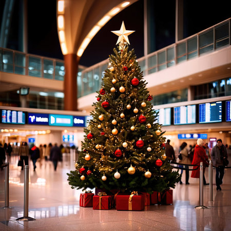 Christmas tree in the airport at night. Christmas and New Year concept.の素材