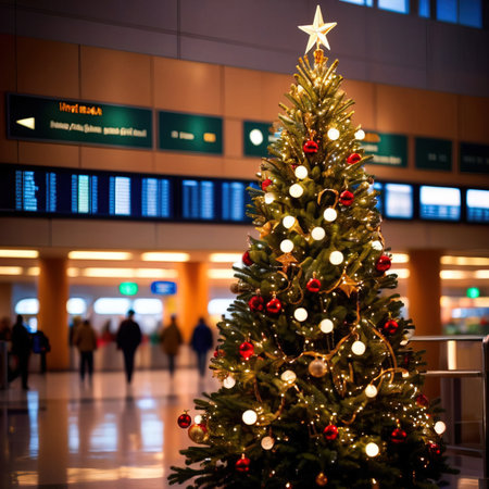 Christmas tree in the airport. Christmas and New Year holidays concept.の素材