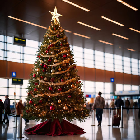 Christmas tree in the airport. Christmas and New Year holidays concept.の素材