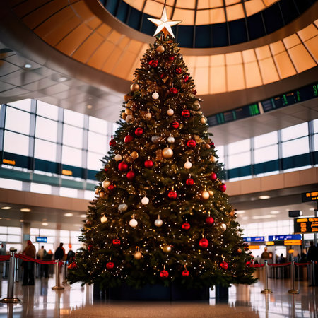 Christmas tree at the airport. Christmas and New Year holidays concept.の素材