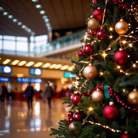 Christmas tree with red and golden balls and lights at the airport.の素材