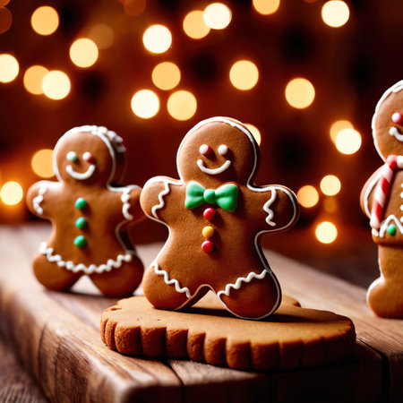 Christmas gingerbread cookies in the form of men on a wooden boardの素材