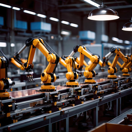 Smart industry robot arms for digital factory production line. Concept of artificial intelligence for industrial revolution and automation manufacturing process.の素材