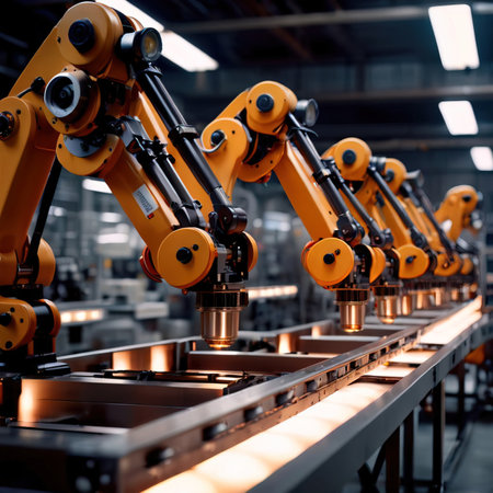 Smart industry robot arms for digital factory production technology showing automation manufacturing process of the Industry 4.0 or 4th industrial revolution.の素材