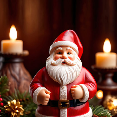 Christmas greeting card. Santa Claus toy and candles on wooden background.の素材