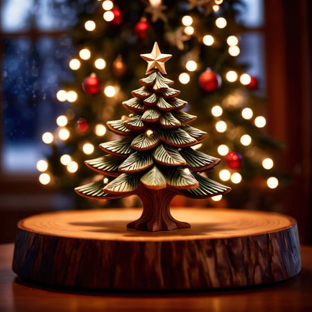 Christmas tree on a wooden stand against the background of a Christmas treeの素材