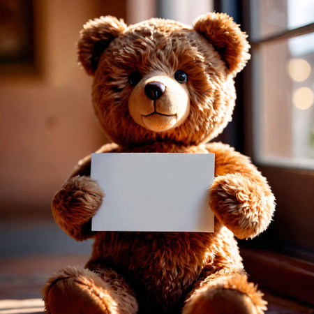 Teddy bear holding a blank sheet of paper on the window.の素材