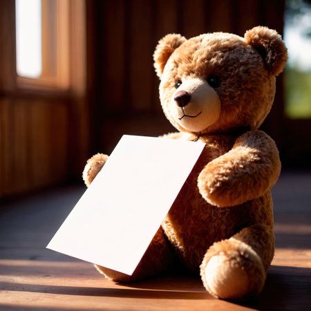 Teddy bear holding a blank white sheet of paper with copy spaceの素材