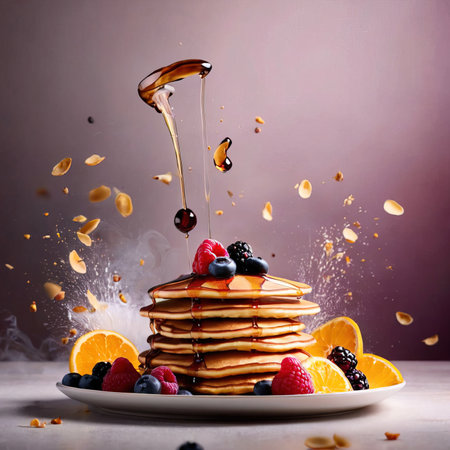 Pancakes with fresh berries and maple syrup falling into the airの素材